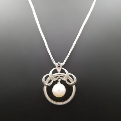 Mikimoto silver 925 necklace with 5mm genuine pearl and circle motif design in silver tone