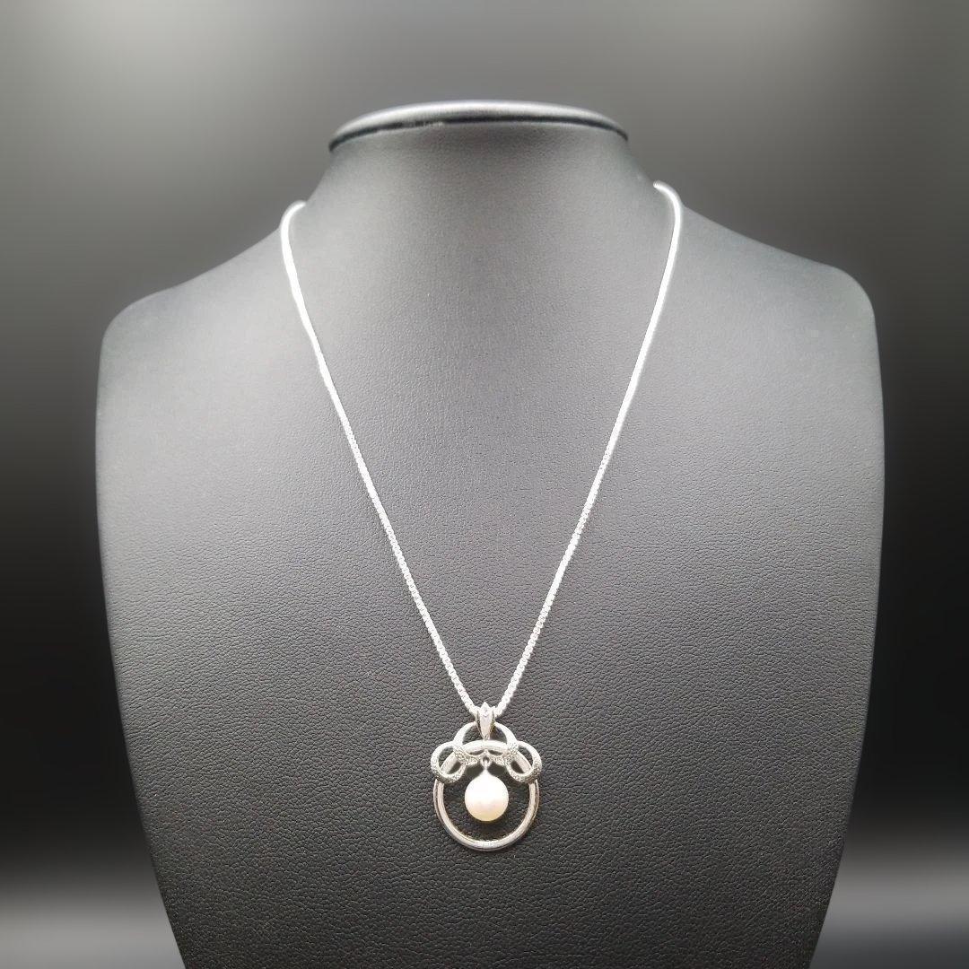 Mikimoto silver 925 necklace with 5mm genuine pearl and circle motif design in silver tone