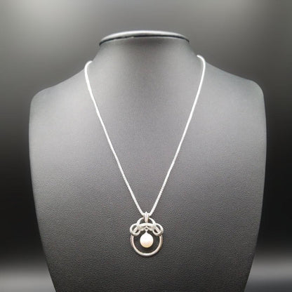 Mikimoto silver 925 necklace with 5mm genuine pearl and circle motif design in silver tone