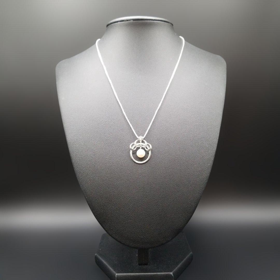 Mikimoto silver 925 necklace with 5mm genuine pearl and circle motif design in silver tone