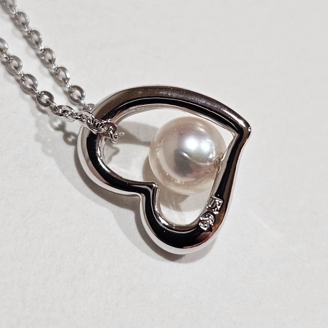 Tasaki pearl necklace with 6.6mm pearl on 45cm SV925 sterling silver chain featuring a heart motif
