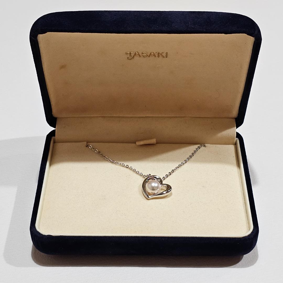 Tasaki pearl necklace with 6.6mm pearl on 45cm SV925 sterling silver chain featuring a heart motif