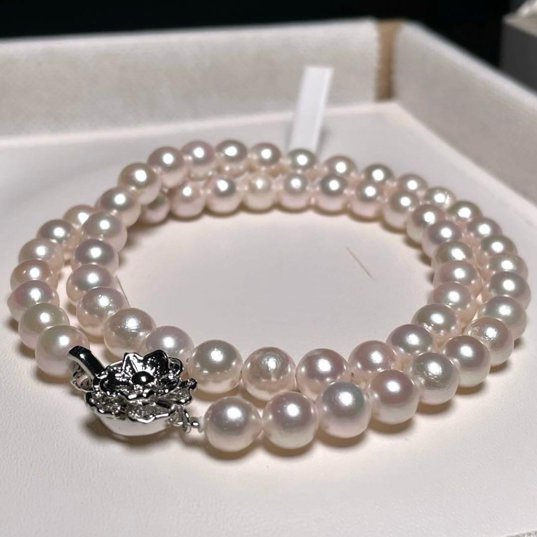 Terimaki Hanadama semi-round Akoya pearl necklace with 6.8-7.3mm white pearls and silver engraving