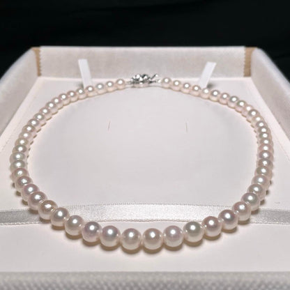 Terimaki Hanadama semi-round Akoya pearl necklace with 6.8-7.3mm white pearls and silver engraving