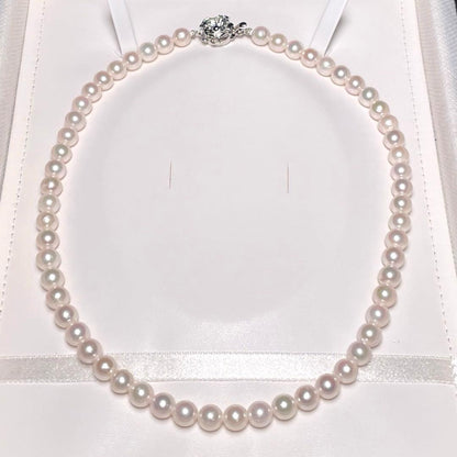Terimaki Hanadama semi-round Akoya pearl necklace with 6.8-7.3mm white pearls and silver engraving