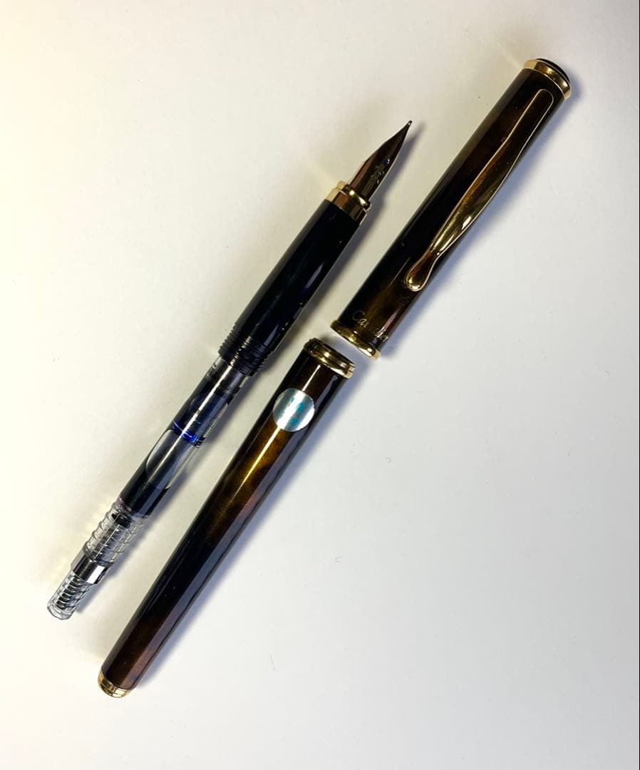 PILOT Cavalier fountain pen in black and brown marble pattern with medium nib, capped, 141mm length
