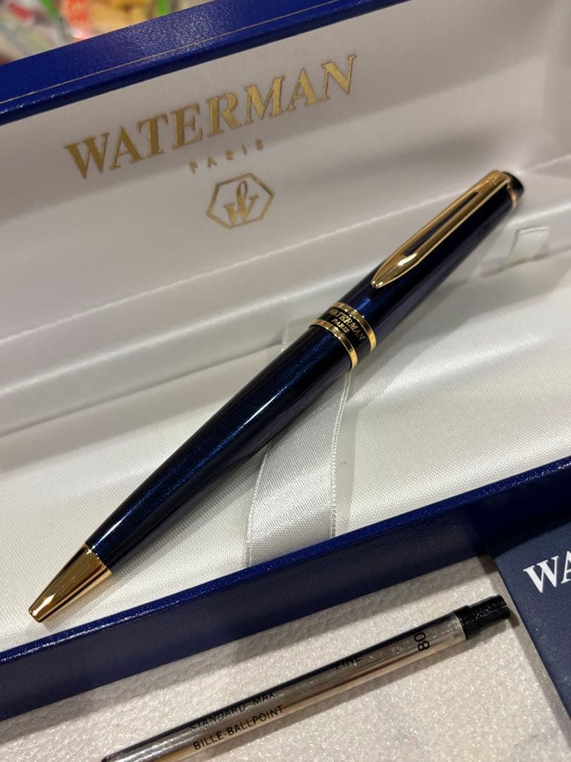 WATERMAN Expert ballpoint pen in navy blue with gold accents, 14 cm length