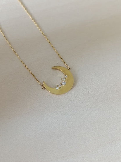 Agete gold necklace with 0.05ct diamond moon pendant on 55cm yellow gold chain