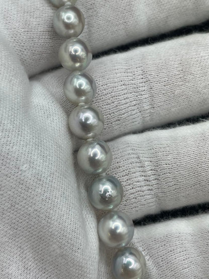 Akoya pearl silver necklace featuring 8.5mm natural blue-gray pearls on a 40 cm silver chain