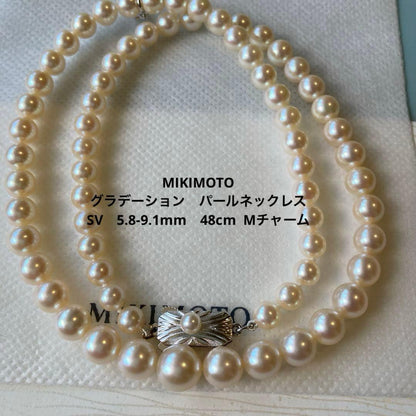 MIKIMOTO gradation pearl necklace with 5.8-9.1mm pearls, 48cm length, displayed on a white background