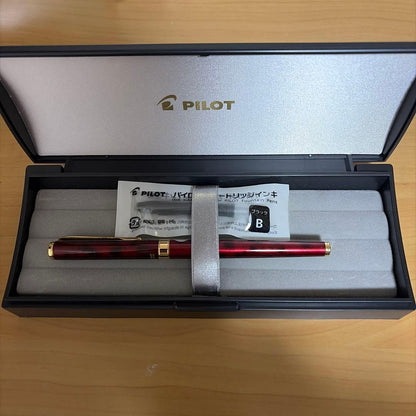 Close-up of a sleek black Pilot fountain pen with silver accents on a white background