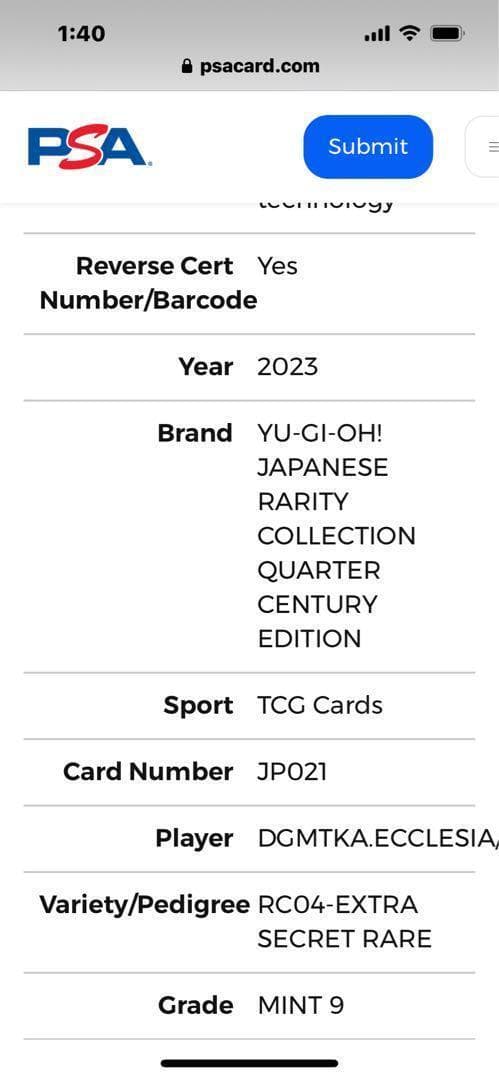 PSA 9 Yu-Gi-Oh Saint Educator Erescia — Japanese