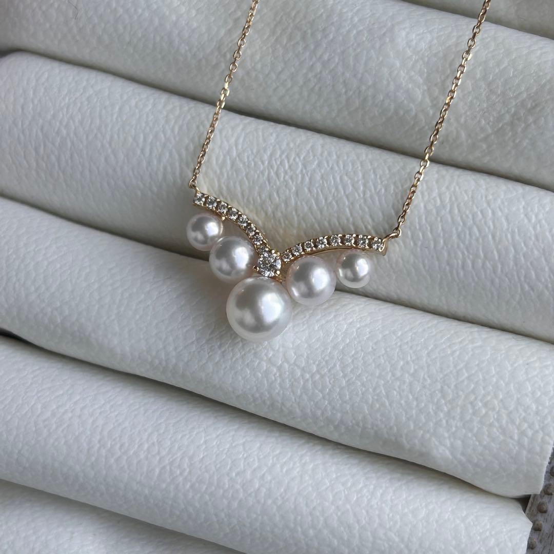 K18 Akoya pearl necklace with 0.16ct diamonds and 46.5cm gold chain showcasing pearls sized 4.3-6.4mm