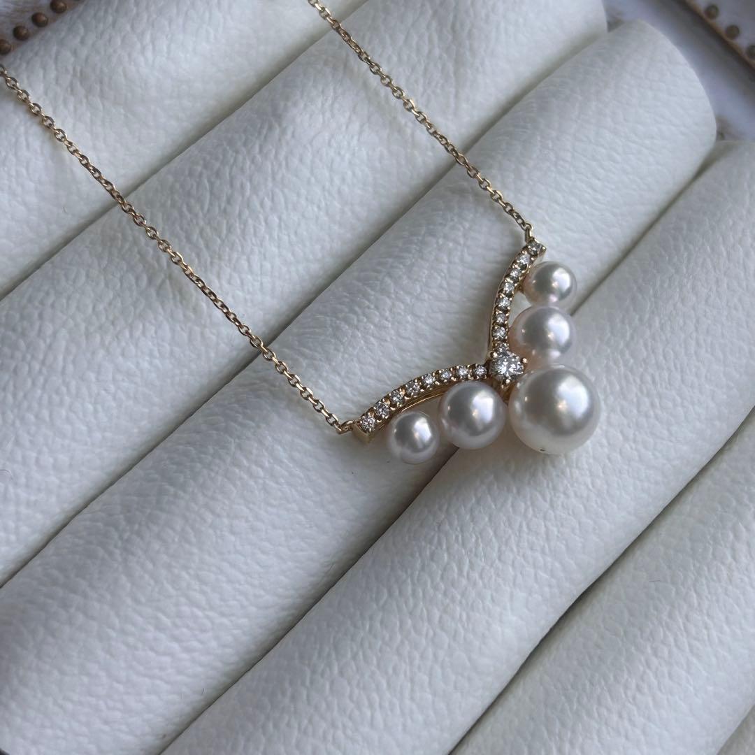 K18 Akoya pearl necklace with 0.16ct diamonds and 46.5cm gold chain showcasing pearls sized 4.3-6.4mm