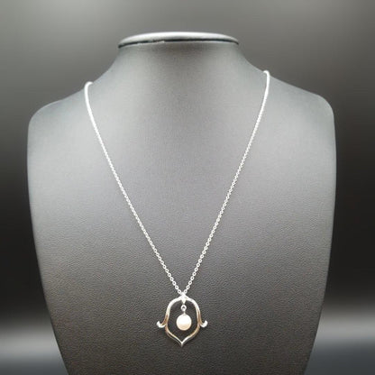 Mikimoto Flower Motif Ladies Necklace with 6mm silver pearl and engraved silver chain