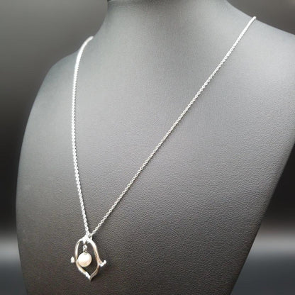 Mikimoto Flower Motif Ladies Necklace with 6mm silver pearl and engraved silver chain