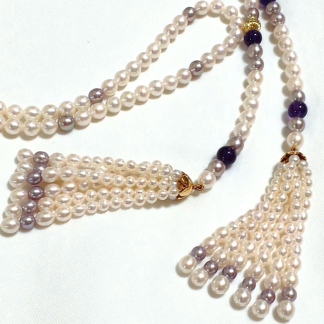 Akoya pearl amethyst fringed lariat necklace with gold-colored metal and freshwater pearl fringe