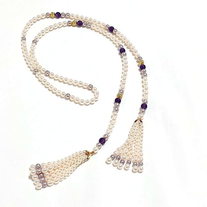 Akoya pearl amethyst fringed lariat necklace with gold-colored metal and freshwater pearl fringe