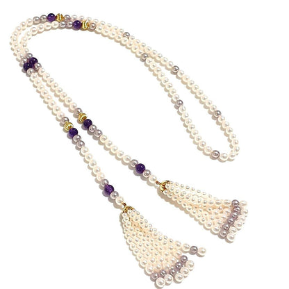 Akoya pearl amethyst fringed lariat necklace with gold-colored metal and freshwater pearl fringe