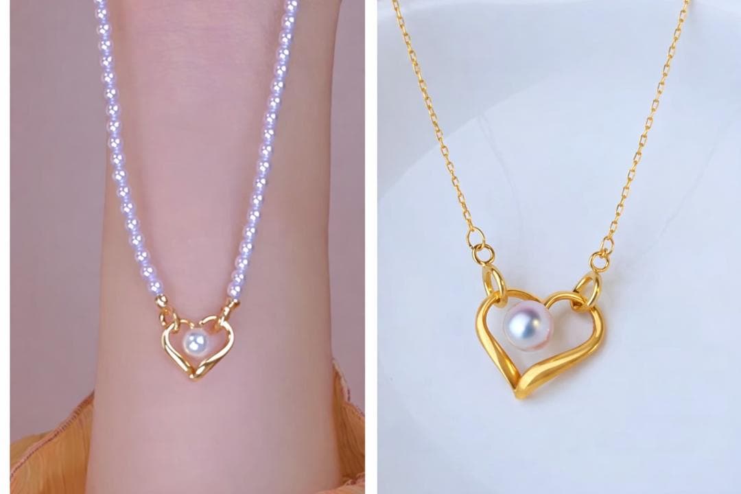 Law K18YG yellow gold heart pendant necklace with 5-5.5 mm Akoya pearl charm