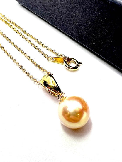 Aoyama Pearl 10mm genuine large gold pearl necklace with silver and gold coated bail and 42cm gold alloy chain