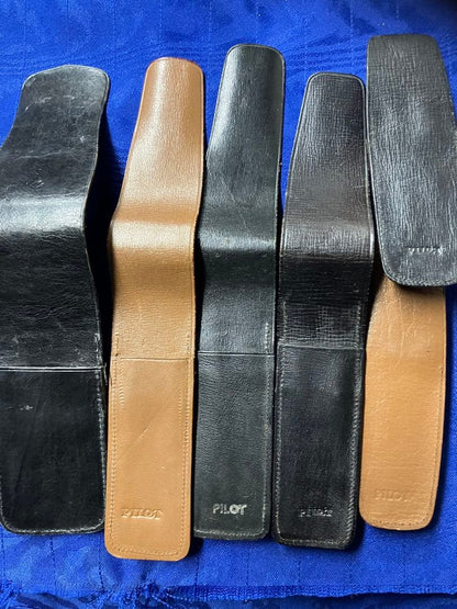PILOT leather pen case 6 piece set in brown and black, showcasing retro Showa design