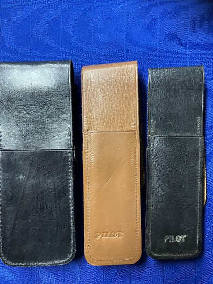 PILOT leather pen case 6 piece set in brown and black, showcasing retro Showa design