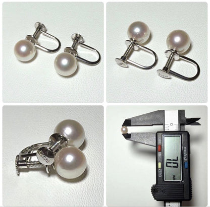 Akoya pearl necklace and matching earrings set with K14WG and silver clasps on white background