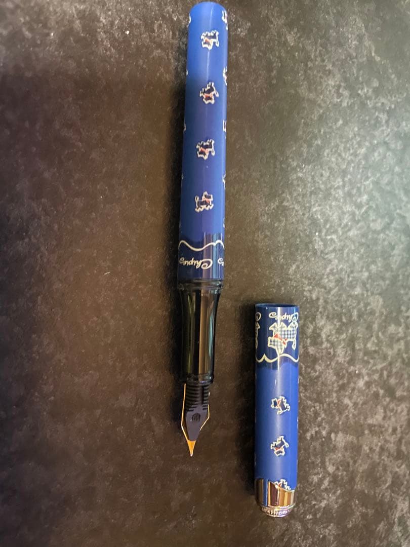 Blue fountain pen set with dog illustration design by Pilot, includes 4 pens in total