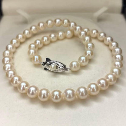 New Finish Akoya pearl necklace with 8mm white round pearls, 41cm length