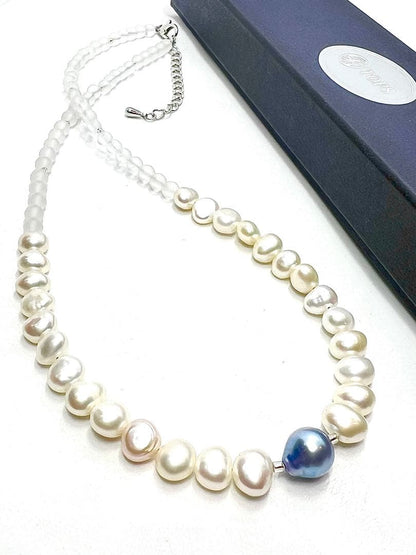 Owari Akoya pearl necklace featuring black and indigo blue pearls with baroque pearls and frozen quartz accents