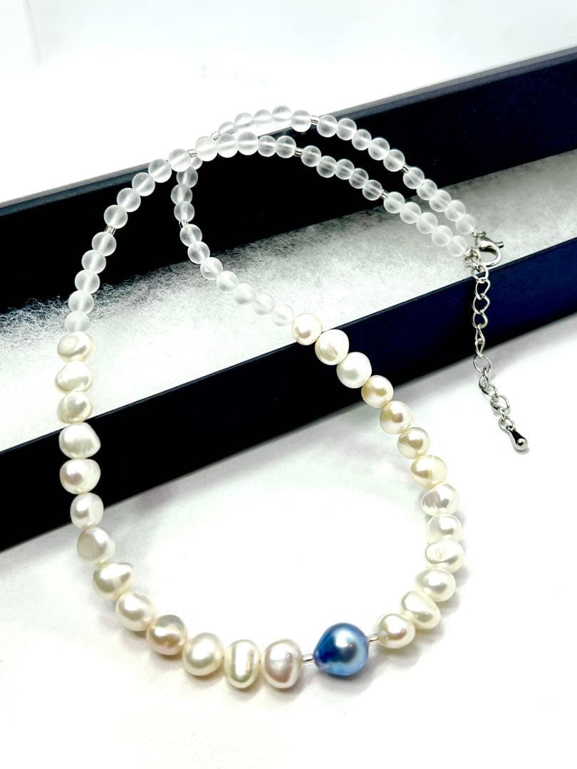 Owari Akoya pearl necklace featuring black and indigo blue pearls with baroque pearls and frozen quartz accents