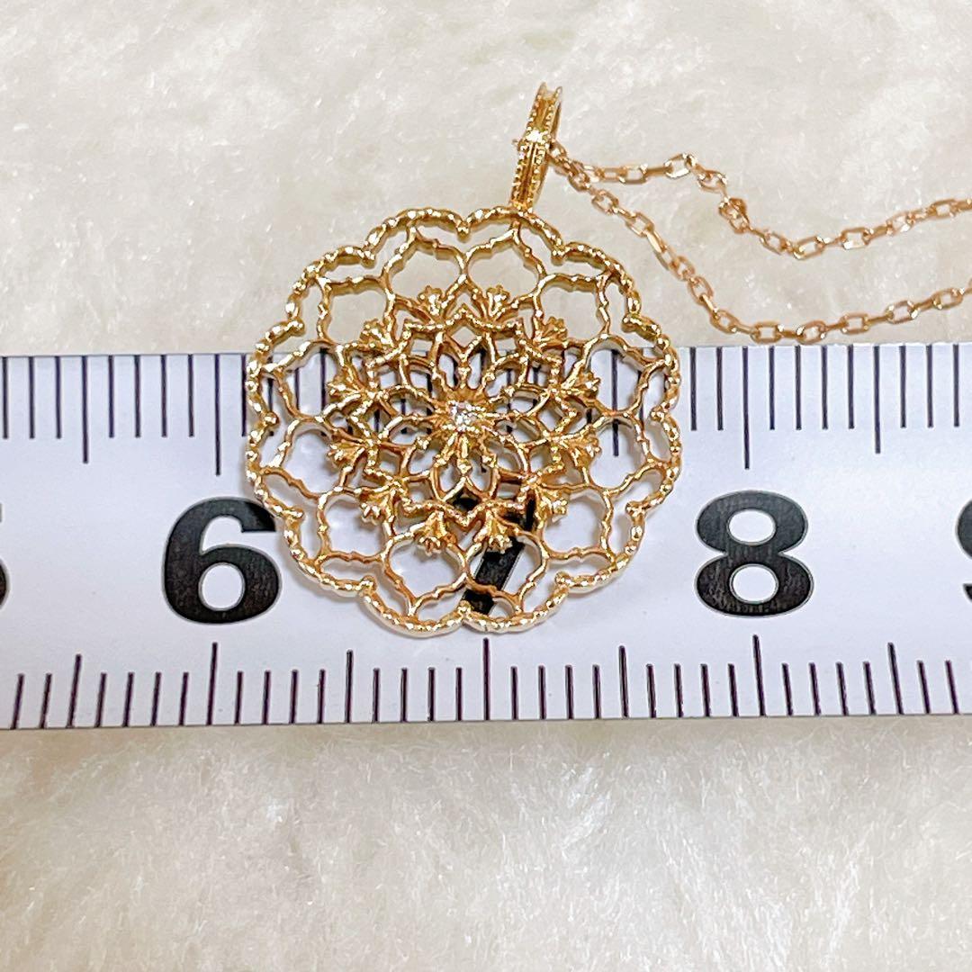 Agete K10 diamond charm necklace top with hollow pattern on a 50cm chain