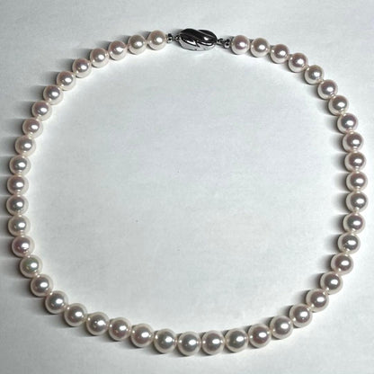 Aurora Hanadama Grade Akoya Pearl Necklace 8-8.5mm pearls with silver clasp displayed with paulownia box