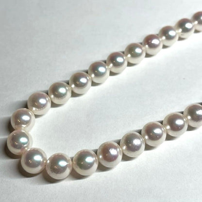 Aurora Hanadama Grade Akoya Pearl Necklace 8-8.5mm pearls with silver clasp displayed with paulownia box