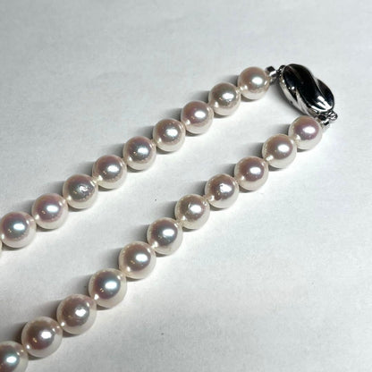 Aurora Hanadama Grade Akoya Pearl Necklace 8-8.5mm pearls with silver clasp displayed with paulownia box