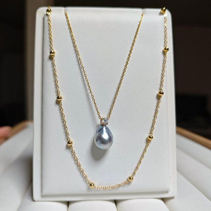 Handmade Akoya pearl necklace with 11mm natural blue pearls, 20 cm length
