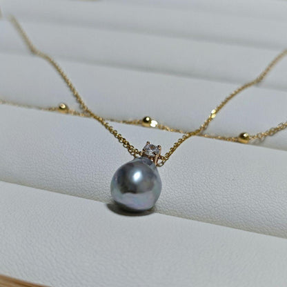 Handmade Akoya pearl necklace with 11mm natural blue pearls, 20 cm length