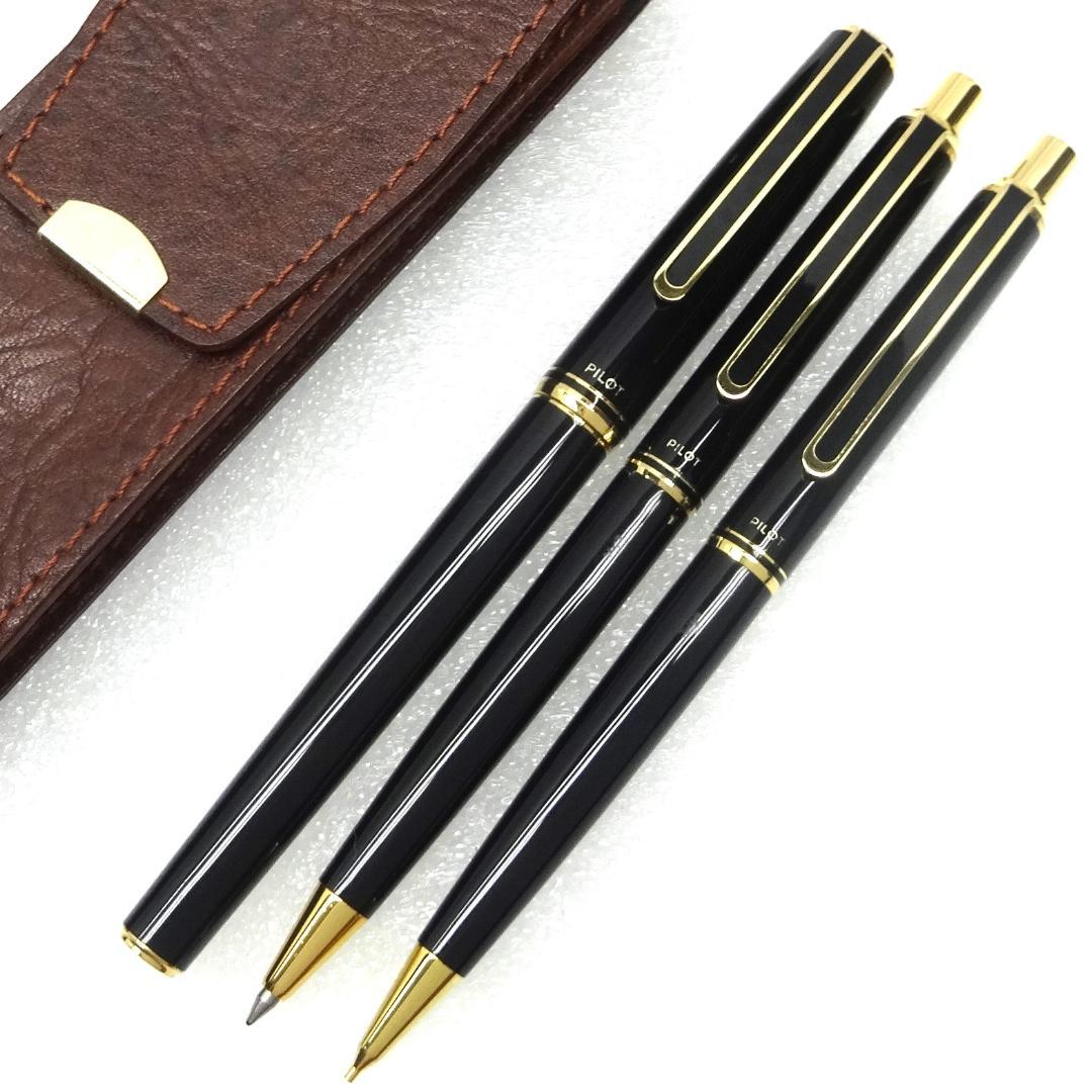 Pilot 14K fountain pen with fine nib, black ballpoint pen, and 0.5mm mechanical pencil in a set