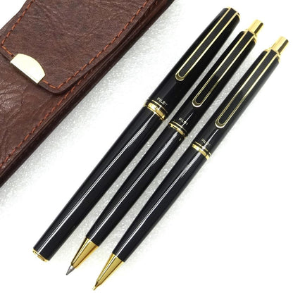 Pilot 14K fountain pen with fine nib, black ballpoint pen, and 0.5mm mechanical pencil in a set