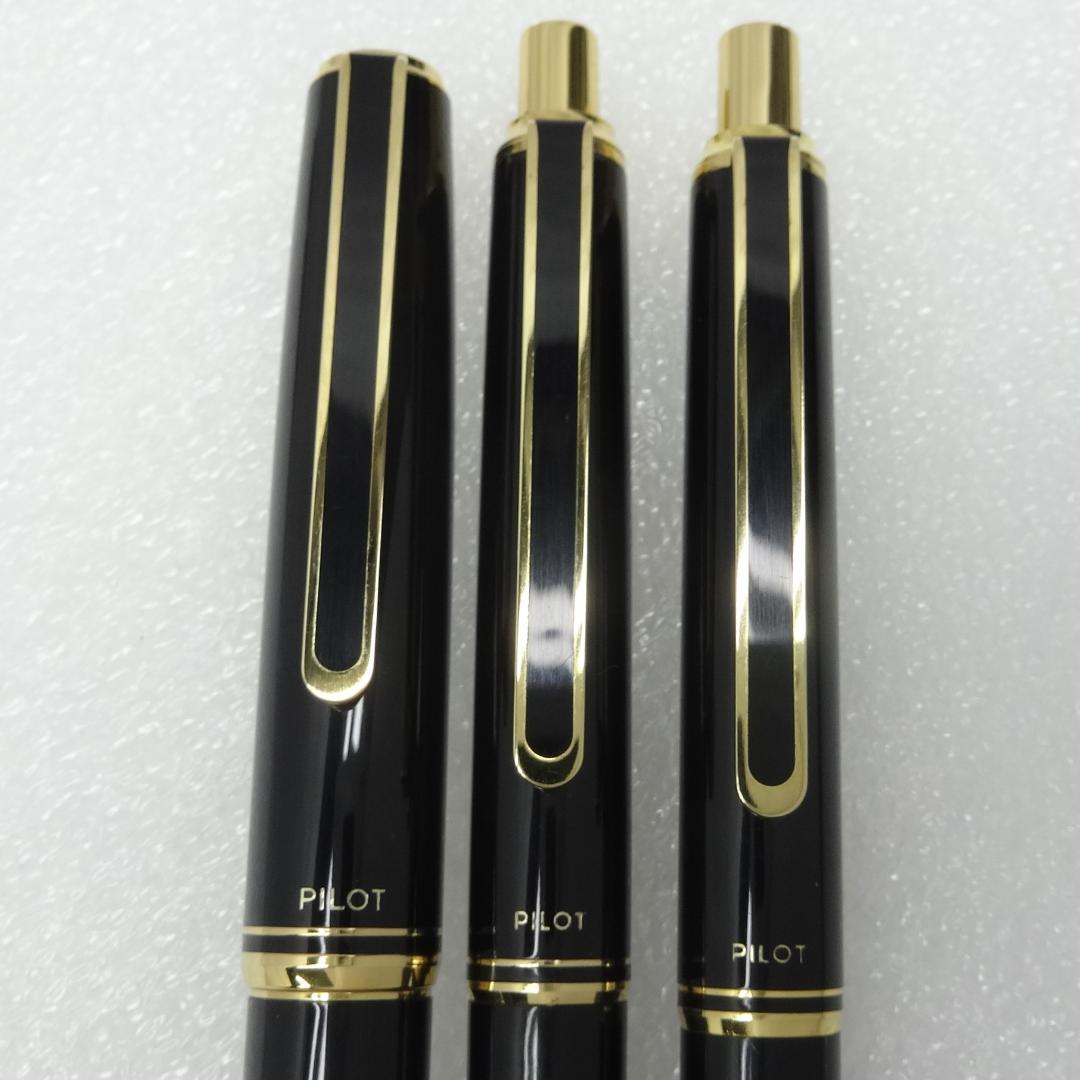 Pilot 14K fountain pen with fine nib, black ballpoint pen, and 0.5mm mechanical pencil in a set