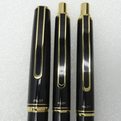Pilot 14K fountain pen with fine nib, black ballpoint pen, and 0.5mm mechanical pencil in a set