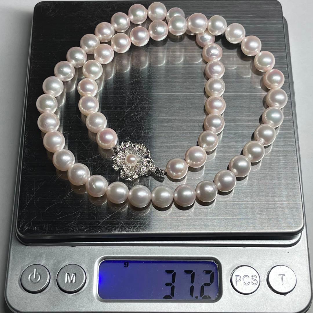 Akoya pearl necklace with 7.5-8.0mm pink white pearls and silver clasp on a white background
