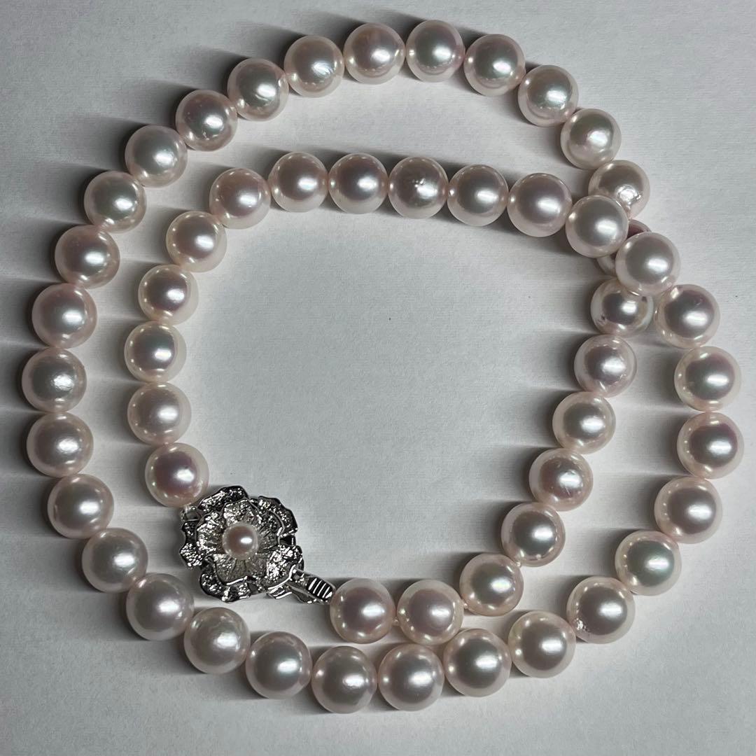 Akoya pearl necklace with 7.5-8.0mm pink white pearls and silver clasp on a white background