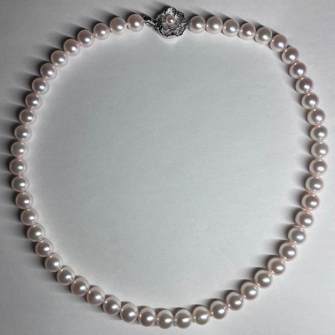 Akoya pearl necklace with 7.5-8.0mm pink white pearls and silver clasp on a white background