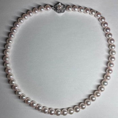Akoya pearl necklace with 7.5-8.0mm pink white pearls and silver clasp on a white background