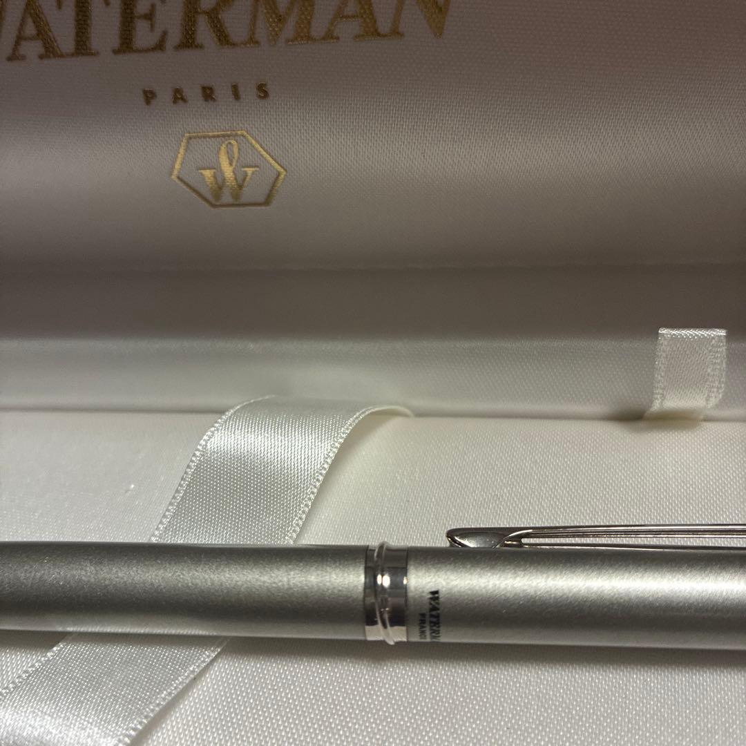 Waterman silver ballpoint pen with matte finish and chrome clip displayed with dedicated case