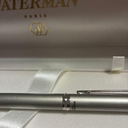 Waterman silver ballpoint pen with matte finish and chrome clip displayed with dedicated case