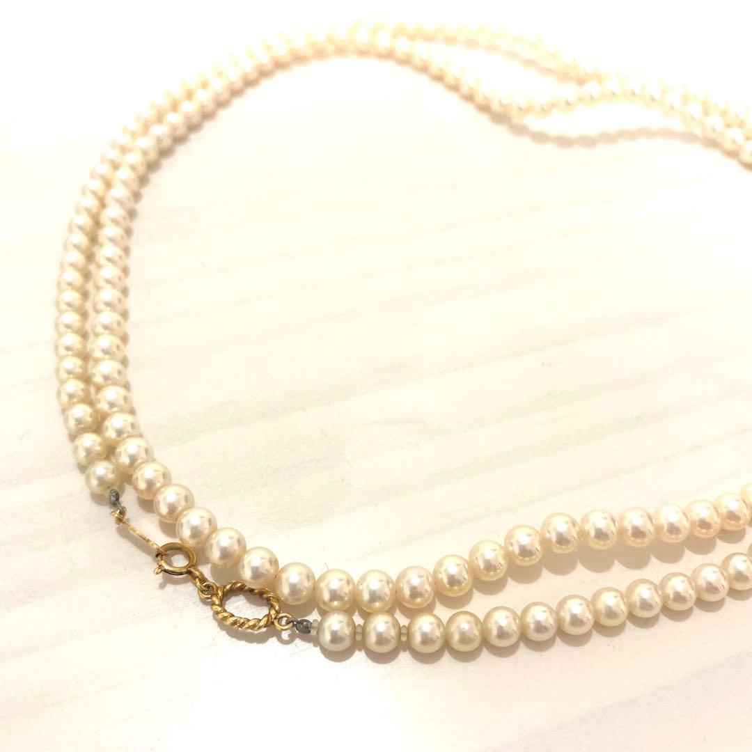 MIKIMOTO K18 gold long necklace with 5mm white pearls, 85cm length, displayed on a white background