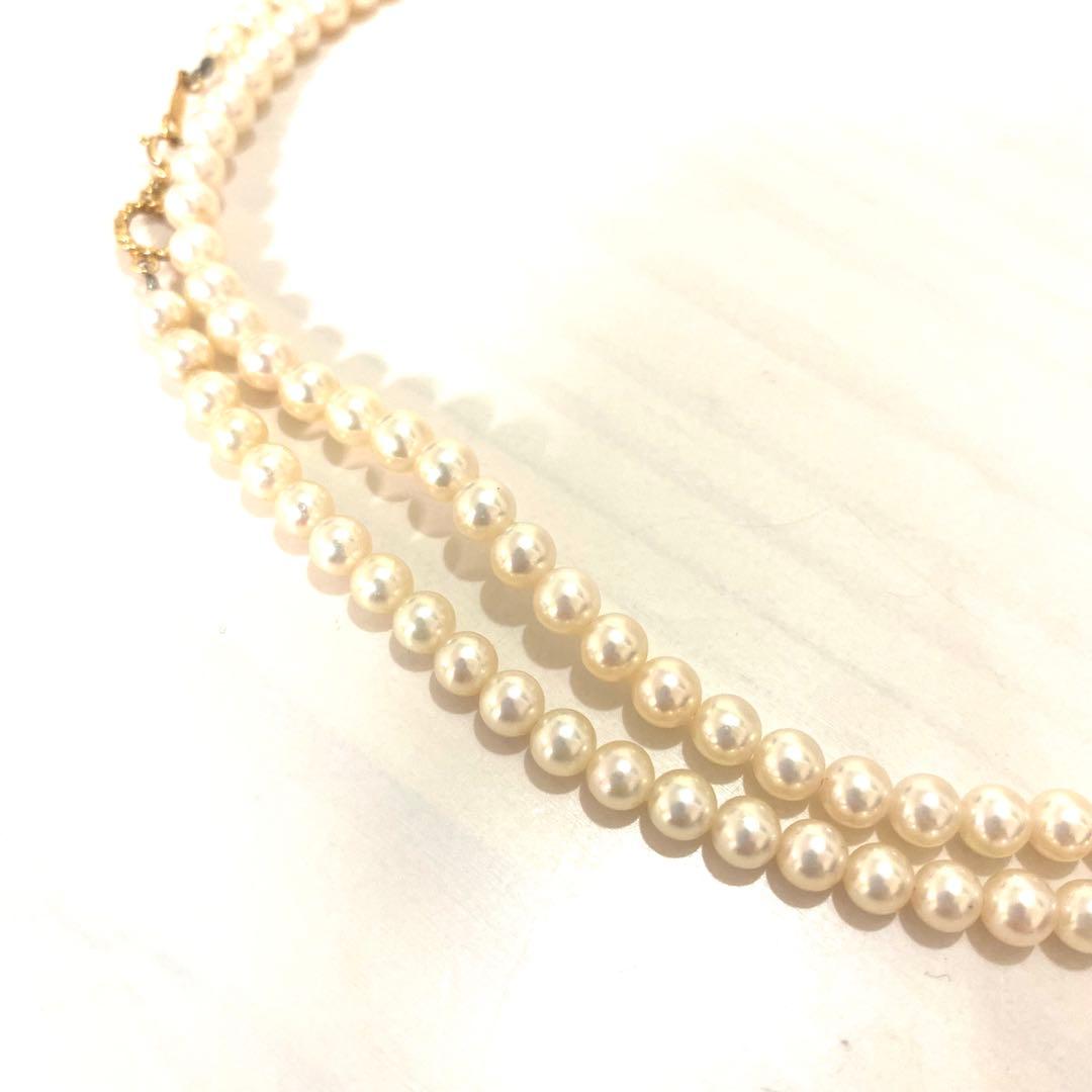MIKIMOTO K18 gold long necklace with 5mm white pearls, 85cm length, displayed on a white background